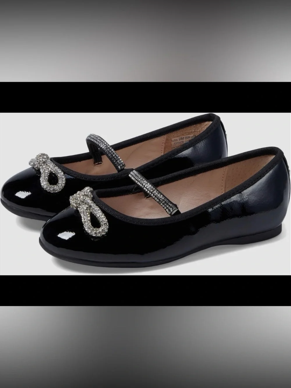 Nina Kendalla Ballet Flat in Black Crinkle Patent with Rhinestone Bow
